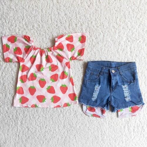 Kids New Style Summer High Quality Denim Outfits Cute Girls Strawberry Top Ripped Denim Shorts 2 Pieces Set