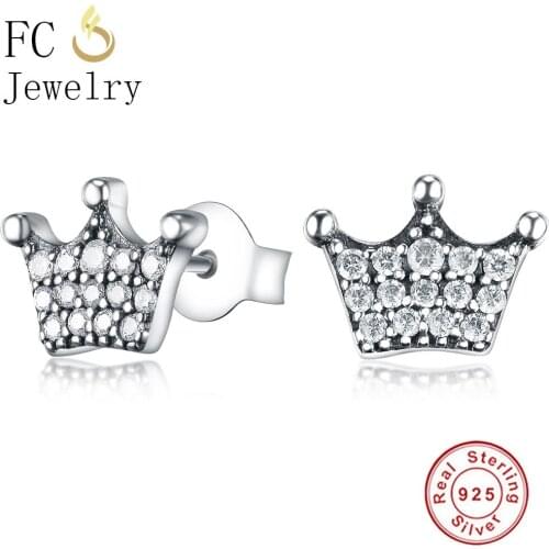 FC Jewelry 925 Sterling Silver Small Crown Clear Cubic Zirconia Stud Earrings For Women Brincos 2019 Fashion Pendientes Bijoux