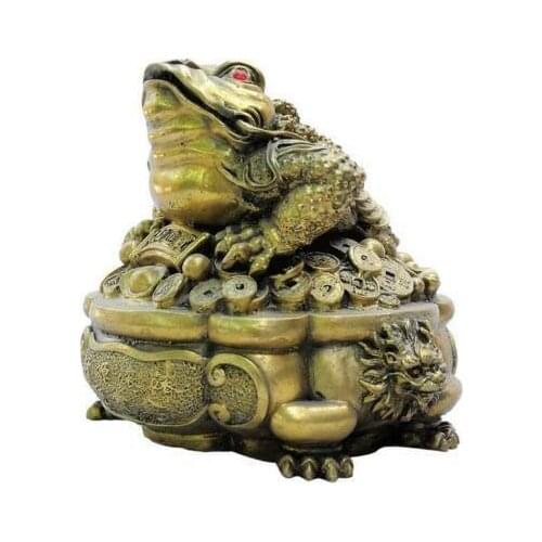 Exquisite Chinese Fengshui Bronze Wealth Cornucopia Lucky Golden Toad Dragon Head Coins Spittor Sculpture Statue