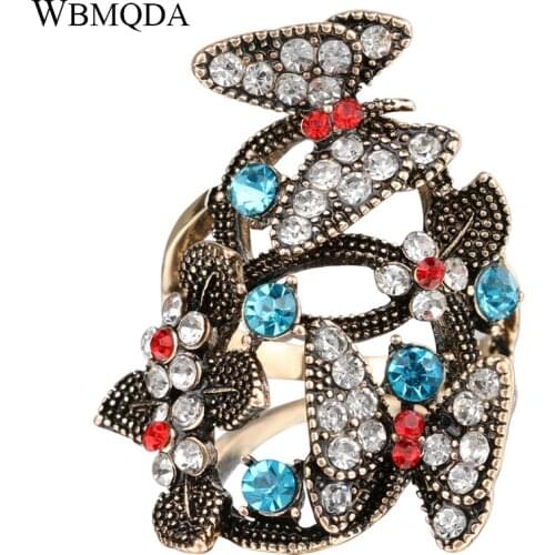 Fashion Bohemian Style Crystal Butterfly Shape Rings For Women Vintage Antique Gold Color Animal Rings Indian Jewelry