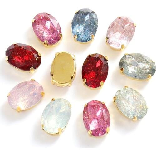 Crystal For Sewing 10x14mm Oval Opal Resin Sew On Rhinestones With Gold Bottom For Garment Clothing Accessories Diy