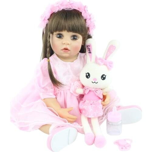 55 CM Full Body Silicone Reborn Baby Doll Toy Lifelike Newborn Pink Dress Long Hair Babies Dress Up Boneca Girl Birthday Gift