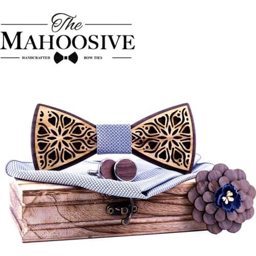 Mahoosive Floral gift set Wooden Bow Ties for Men Bowtie Butterflies Wedding suit wooden bowtie Shirt krawatte Bowknots necktie