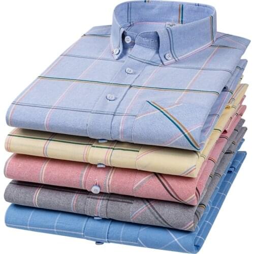 Mens Long Sleeve Oxford Plaid Striped Casual Shirt Front Patch Chest Pocket Regular-fit Button-down Collar Thick Work Shirts