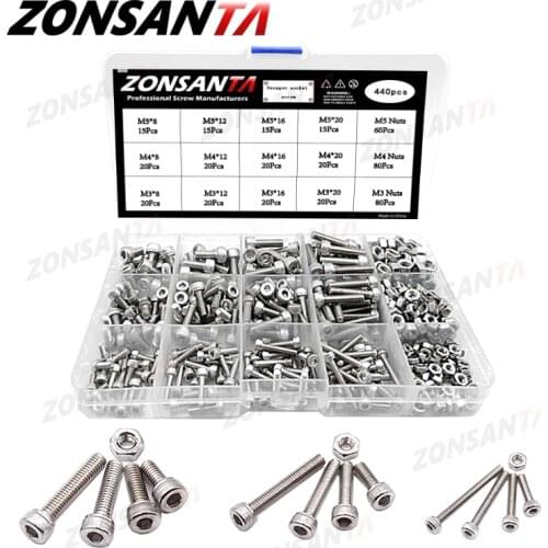 ZONSANTA 440Pcs M3 M4 M5 Bolt and Nuts Hex Hexagon Socket Screw Set Stainless Steel Round Flat Cap Head Screw Kit Allen bolt Set