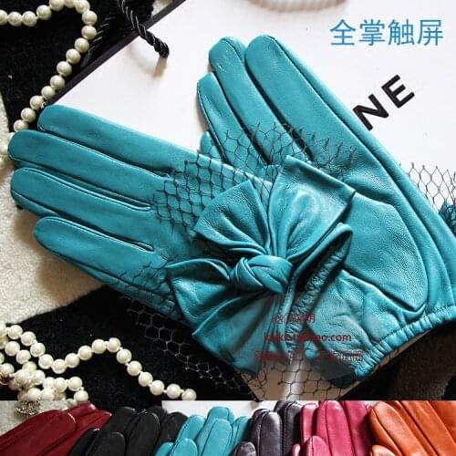 Sheepskin Gloves Fishnet Big Bow Red Black Blue Orange Purple Rose Red Women Touch Screen Leather Gloves