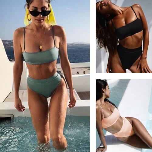 Sexy Women 2 Piece Bikini Set High Waist Solid Color Swimsuit Adjustable Belt Swimsuit Beach Cruise Swimming Pool