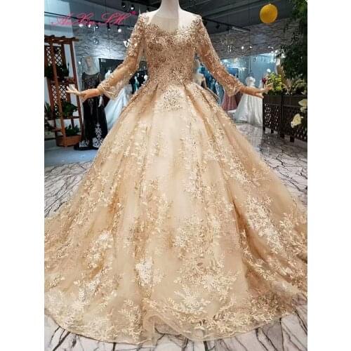 AnXin SH Luxury princess champagne lace o neck beading crystal illusion long sleeve sparkly wedding dress 100% real photos