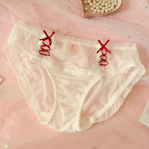 Red Ribbon Tie Sexy Cute Womens Panties Girls Lolita Japan See-through Briefs Womens Underwear Daily White