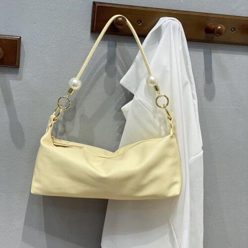 MJ Soft Leather Shoulder Bags Vintage Female Underarm Bag Small Women Crossbody Bags Retro Beaded Chain Handbag Purses Phone Bag