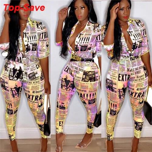 Streetwear Birthday Outfits For Women Newspaper Printed Long Sleeve 2021 New Arrival High Quality Bandage Women Matching Sets
