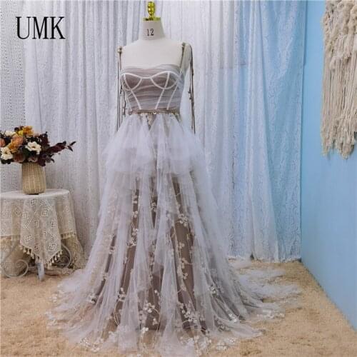 UMK 2021 Fashion Lace Wedding Dress Sexy Spaghetti Straps Boho Bridal Gowns Tulle Ruffle Beach Vestido De Noiva