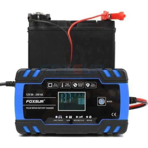 FOXSUR Car Motorcycle Battery Charger 12V 8A 24V 4A Smart Fast Charging for AGM GEL WET EFB Lead Acid Battery Charger