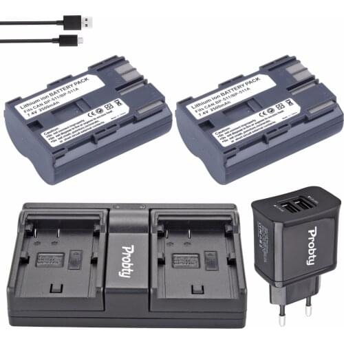 Probty 2Pcs BP-511 BP 511 BP511A Battery + USB Dual Charger + 2-Port Plug for Canon EOS 40D 300D 5D 20D 30D 50D Camera 2500mAh