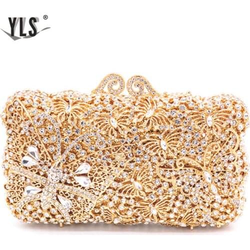 Women Evening Party Bag Diamonds Elegant Crystal Clutch Luxury Bridal Wedding Gold Purse Handbag Butterfly Torebki Damskie