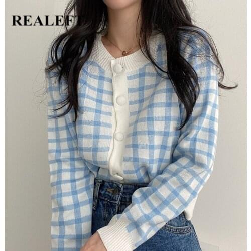 REALEFT Autumn Winter 2021 New Classic Plaid Women Cardigan Sweaters Elegant Long Sleeve Casual Loose Knitted Cardigans Female