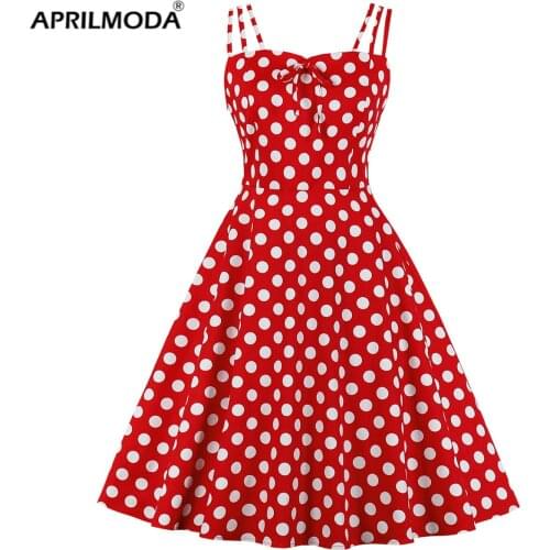 Spaghetti Straps Summer Women Vintage Rockabilly Dress Polka Dot Yellow White Red Retro 50s 60s Swing Pinup Tunic Midi Dresses