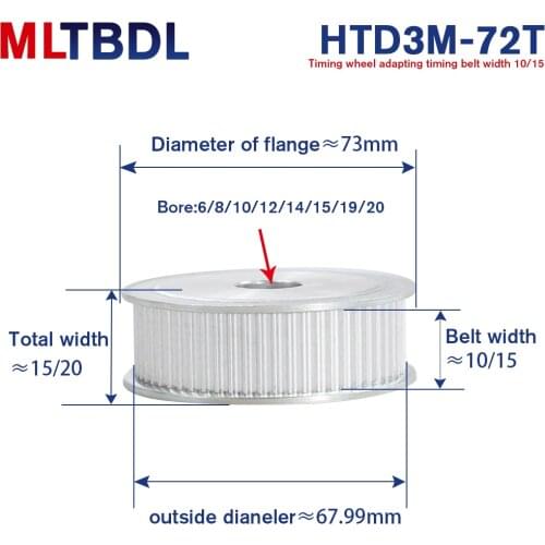 3M 72T Timing Pulley 6/8/10/12/14/15mm Bore Gear Pulley 3mm Pitch 11mm Belt Width Aluminum Alloy Synchronous Timing Belt Pulleys