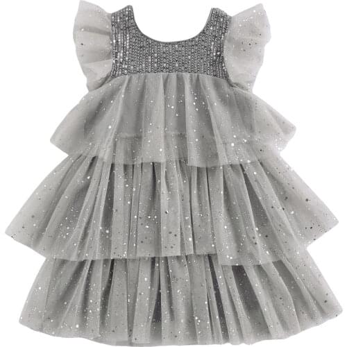 2021 2-7Y Kids Baby Girls Princess Dress High-Waist Short Sleeve Sequins Round Collar Layered Pleated Mesh Dress Birthday Party