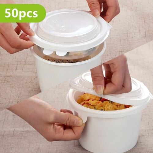 50pcs white plastic food containers disposable cups 1000ml creative takeaway packaging cup food fruit noodles lunch box with lid