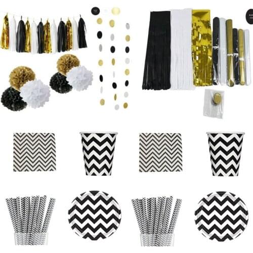 Black Gold White Party Paper Tableware and Decoration Supplies Tissue Paper Tassel Garland Pom Poms Striped Paper Plates Cups