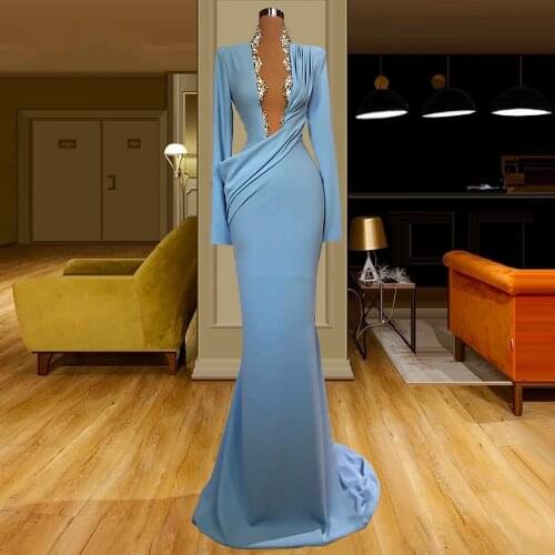 Dubai Beaded Long Evening Dresses Long Sleeves Middle East V-Neck Arabic Prom Dress Robe de soiree Formal Party Gowns