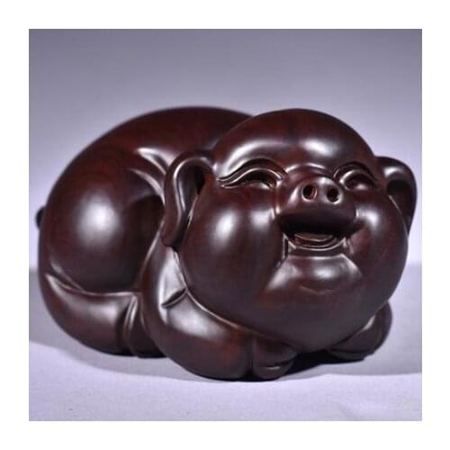 Home office ebony carving lucky pig crafts with solid wood zodiac signs Black rosewood Real wood zodiac Handmade sculpture