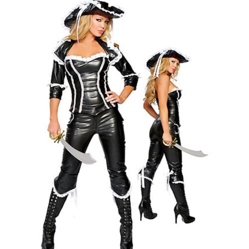 Hor sales sexy black leather pirate captain costume ,Sexy Pirates costume FOR adult w1183