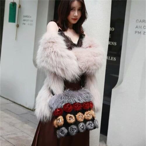 IANLAN Luxury Womens Mink Fur Rose Design Handbags Ladies Genuine Cowhide & Silver Fox Fur Shoulder Bags IL00532