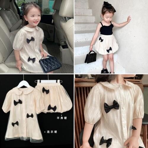 Ins girls bow summer new dress children Turn-down Collar mesh dress kids fashion princess dress 1-8Y ws1654