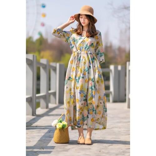 Art travel dress silk hemp V-neck drawstring waist loose slim dress t191230