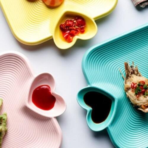 Creative ceramic lovely peach heart with vinegar square plate dumpling grid plate solid color with stripe plate household