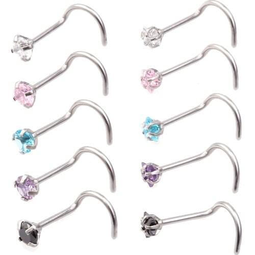 5pcs Nose Studs CZ Crystal Nose Ring Piercing set Nostril Bar Stainless Steel L Shape Screws Fashion for Women Body Jewelry 20G