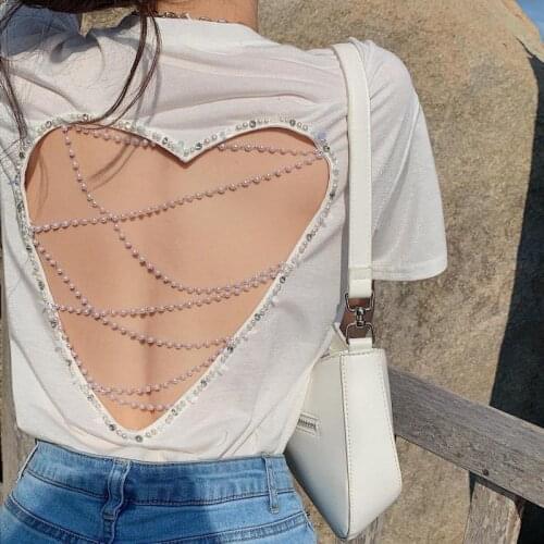 New T-shirts Women White Color Cotton Women O Neck Short Sleeve Heart Shape Backless Pearl Tshirts Lady Girls Funny Top