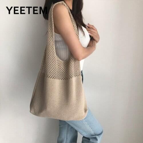 Autumn Winter Simple Retro Hollow Knitted Handbag Shoulder Bag Womens Vest Bag Ins Wool Bag Shopping Bag Satchels Women Solid