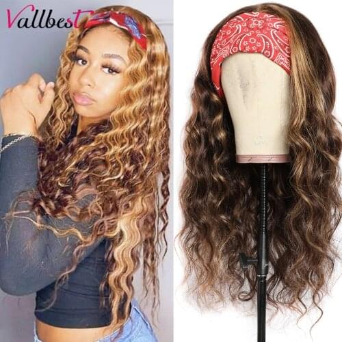 Vallbest Highlight Water Wave Human Hair Wig With Headband Brazilian Colored Headband Wig For Black Women Glueless 150 Density