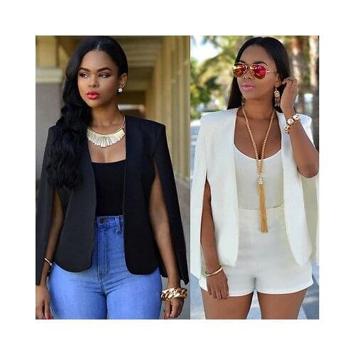 Fashion Cloak Cape Blazer Women Coat White Black Lapel Split Long Sleeve Pockets Solid Casual Suit Jacket Workwear