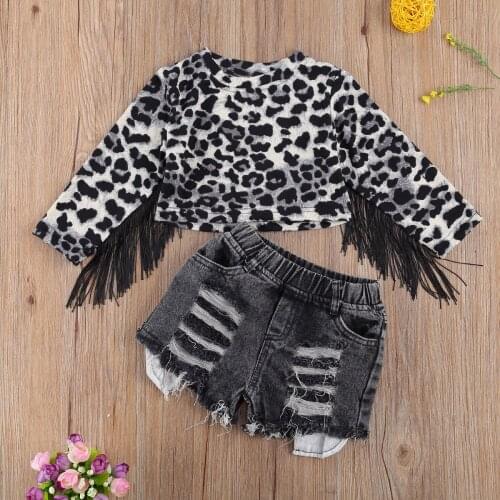 Infant Baby Girl Casual Outfits Fringed Long Sleeve Round Neck Leopard Print Top + Side Pockets Ripped Shorts