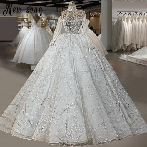 Luxury Beading Wedding Dresses A-Line Sparkly Crystals Wedding Gowns Princess Brides Dresses High Neck Long Sleeve Muslim Dress
