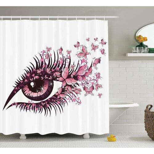 Pink Shower Curtain Butterflies Decor Female Eye with Butterfly Eyelashes Mascara Makeup Party Celebration Bathroom Accessories