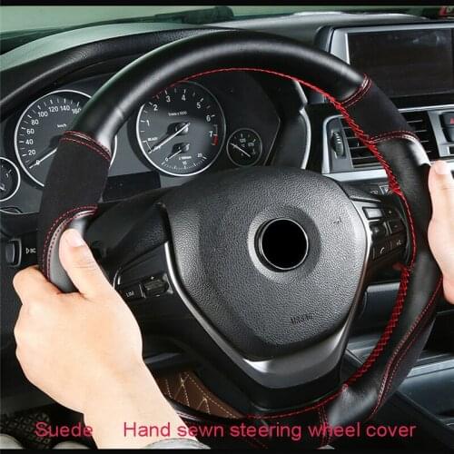 DIY Hand Sewing Braid Steering Wheel Cover Suede with Leather Car-Steering-Wheel Case Universal 37-38CM Interior Accessories