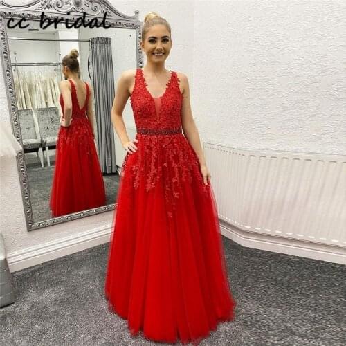 Classy Beading Red Prom Dresses Long 2020 Sexy V-neck Dress Woman Party Night Elegant Applique Lace Vestidos largos de fiesta