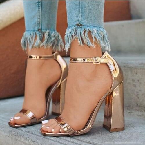 Stylish Rose Gold Chunkly Heels Women Sandals Cut-out Ankle Strap Peep Toe Dress Shoes Square Heels Women Pumps Plus Size 10
