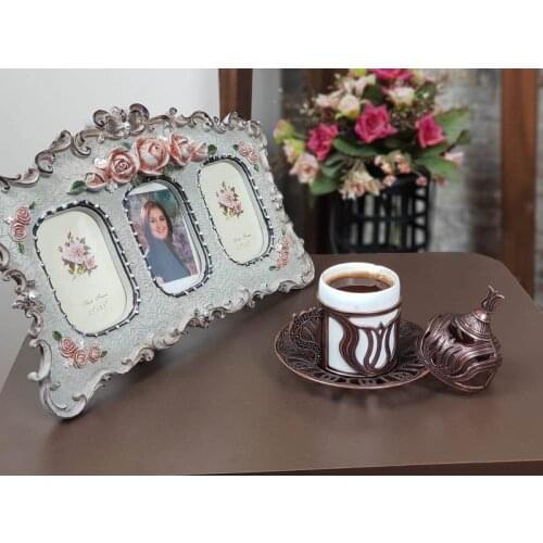 Türk kahve fincanı iç porselen, espresso fincanı Metal tutucu, fincan tabağı ve kapak, vintage lale tasarım bakır renk