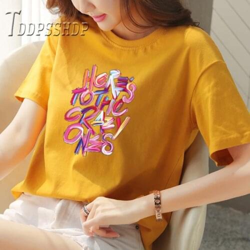 2019 New Summer Cotton Women T Shirt Alphabet Printing Short Sleeve Female Tee Tops
