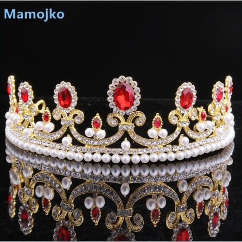 Mamojko 3 Colors Baroque White Blue Red Crystal Wedding Crown Diadem Fashion Pearl Bridal Tiara Crown Hair Accessories