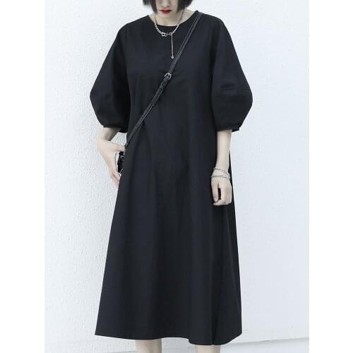 2021 summer New Black Retro Lantern Sleeve round neck loose thin short sleeve dress womens long skirt fashion