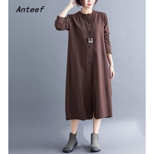 Long sleeve plus size cotton vintage dresses for women casual loose spring autumn elegant shirt dress 2021 clothing