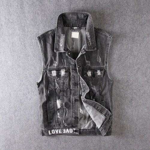 Summer Men Denim Vest Grey Patch Designs Printing Hip Hop Punk Waistcoat Street Hole Ripped Loose Retro Sleeveless Jacket