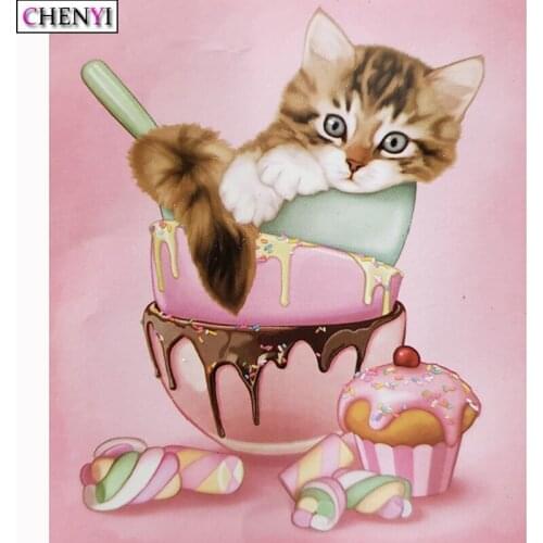 5D Diy Diamond Painting Full Drill Cat and Cake Diamond Embroidery Cross Stitch Kits Rhinestones Animal Mosaic Craft Home Decor